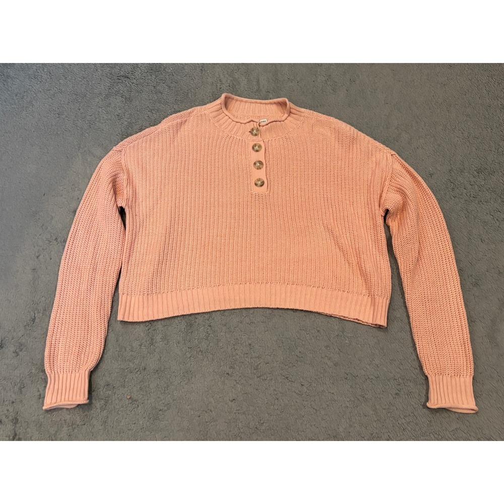 American Eagle Peach Pink Cropped Henley Sweater XS Long Sleeve Ribbed Knit